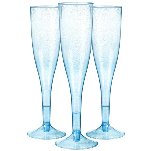 Homy Feel Blue Glitter Plastic Blue Wine Glasses 30 Pack, Champagne Flutes Disposable for Valentine's Day,Plastic Champagne Flutes,Mimosa Bar Glasses