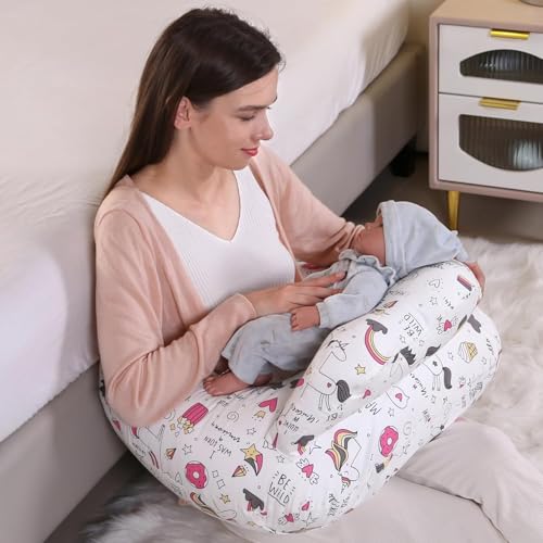Image of Proliva Feeding Pillow for New Born Baby with Detachable Cover Breast Feeding & Maternity Nursing Pillow for Breastfeeding Support for Baby Feeding Pillow for Mom (White-Unicorn-A2)