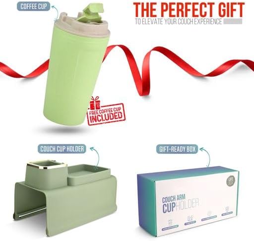 Couch Cup Holder Tray & Coffee Cup - Silicone Sofa Caddy for Arm Rest - Recliner Chair Remote Holder Table - Olive - Image 2