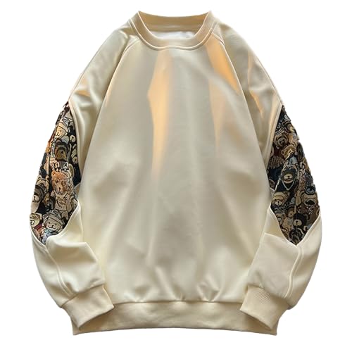 gmoyd Men Crewneck Embroidered Sweatshirt Patchwork Workout Sweatshirts Vintage Loose Pullover Shirt Tops, Beige, L gmoyd Men Crewneck Embroidered Sweatshirt Patchwork Workout Sweatshirts Vintage Loose Pullover Shirt Tops, Beige, L