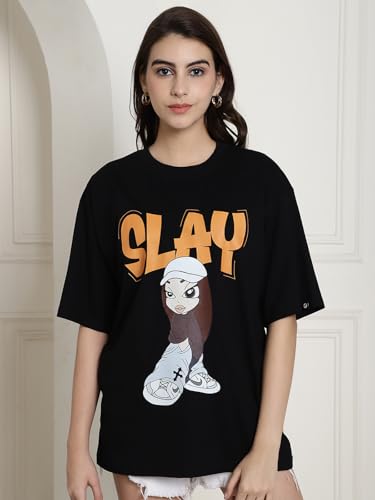 Image of Style Go Pure Cotton Oversized Baggy Fit Drop Shoulder Aesthetic & Cool Graphic Printed Half Sleeve Tshirt for Women || Trendy Tees || Casual Loose Korean T-Shirt (Pack 2)