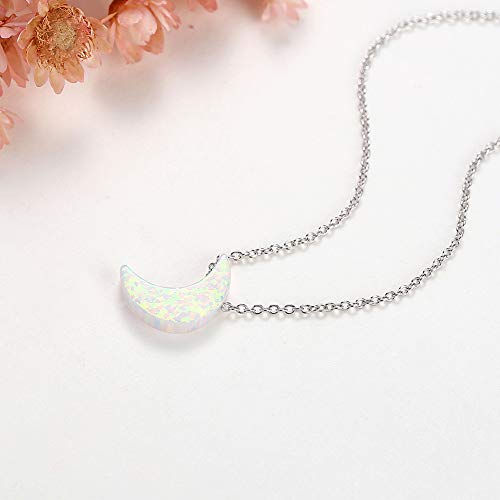 Kaletine White Synthetic Opal Crescent Moon Pendant Necklace Sterling Silver Cable Chain Adjustable 16-17-18 Inch #TOP2