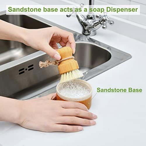 SUBEKYU Bubble Up Bamboo Dish Brush Set with Soap Holder, Wooden Dish Scrubber with Soap Dispenser, Natural Kitchen Scrub Brush, Washing Pot/Pans/Cast Iron, 2 Pack, Sisal Bristles
