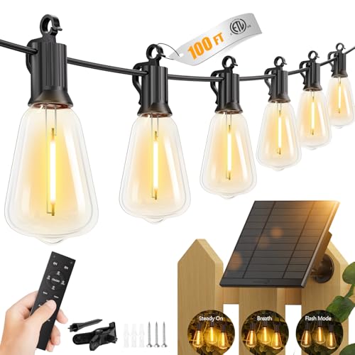 Brightown 100FT Solar String Lights Outdoor Waterproof with Remote, 31+2 LED Shatterproof Bulbs, Dimmable & Timable, 3 Light Modes - Commercial Grade Patio Lights for Garden Backyard Party Decor