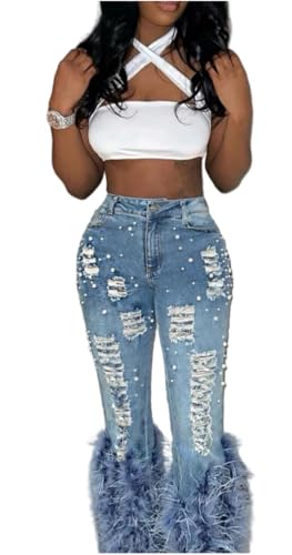 Faux-Fur Ripped Beaded Stretch Skinny Denim Jeans Pants