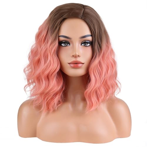 Image of BERON Blonde Ombre Orange Pink Wigs Short Curly Wave Wigs for Women Girls Shoulder Length Wavy Heat Resistant Synthetic Wig Cosplay Costume Party or Daily