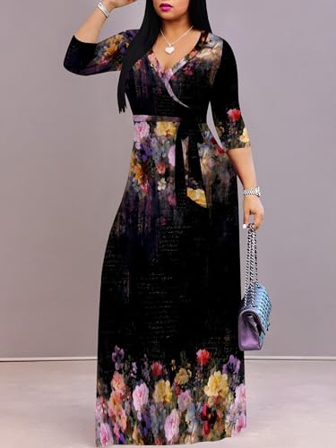 Image of SUZONANA Plus Size Dresses for Women Floral Print Maxi Dress Flowy 3 /4 Sleeve with Belt