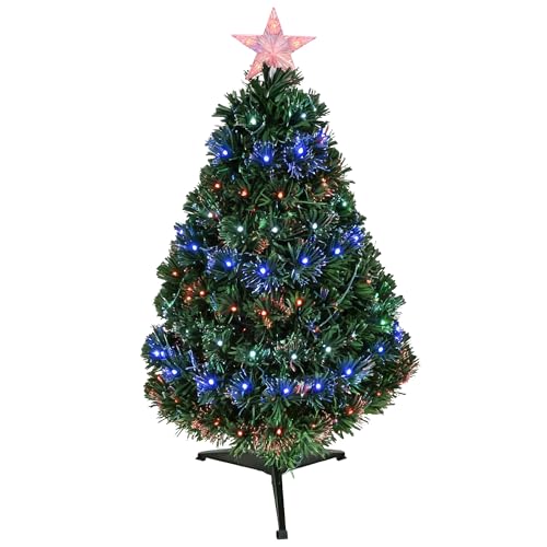 HOMCOM Albero di Natale Artificiale 90cm in Plastica con 90 Luci LED e Fibre Ottiche, 90 Rami e Base Pieghevole, Verde