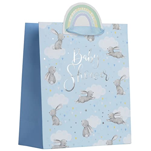 Partisan Products White Kraft Paper Blue Boy Baby Shower Rabbit Gift Bag With Rainbow Gift Tag Fully Recyclable Medium