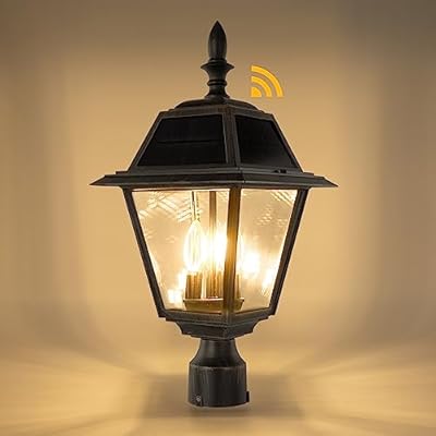 LUTEC Outdoor Solar Lamp Post Light, Dusk to Dawn 300LM Waterproof Pole Light Head with 4 Pcs Glass, Exterior Solar Powered Fence Post Light Fixtures for Garden, Patio, Yard(Brown)