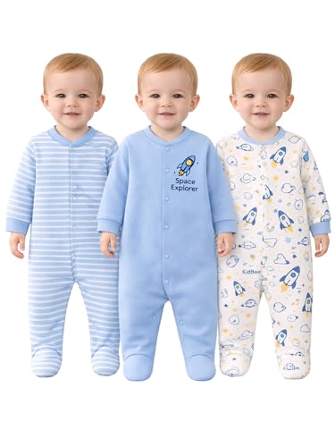 Image of Kidbee Baby Boys & Girls Full Sleeves Cotton Footed Romper Sleepsuit Pack of 3