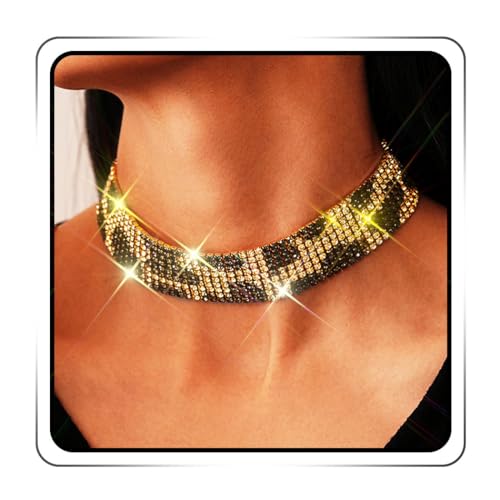 JEAIRTS Chunky Leopard Choker Necklace Sparkly Gold and Black Rhinestone Jewelry for Women