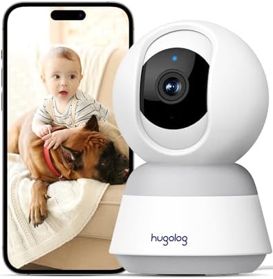 Hugolog 2K 3MP Indoor Pan/Tilt Security Camera with 12×Zoom,Ideal for Baby Monitor/Pet Camera/Home Security,Starlight Color Night Vision,Human/Sound Detection,Two-Way Audio,US Cloud,Works with Alexa
