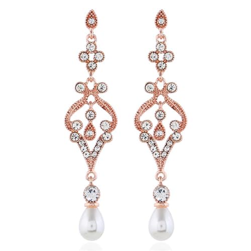 Soyzvteo 1920s Flapper Pearl Earrings Great Gatsby Pearl Tassel Earrings Vintage Cubic Zirconia Art Deco Dangle Earring for Women Wedding Party, Metal, No Gemstone, Silver