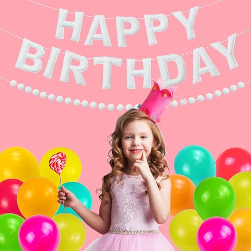 Image of 2 PCS Pre-Strung 3D Felt Happy Birthday Banner - White Theme Birthday Decorations Sign, Pom Pom Garland, Reusable Party Decor, Photo Prop(White)