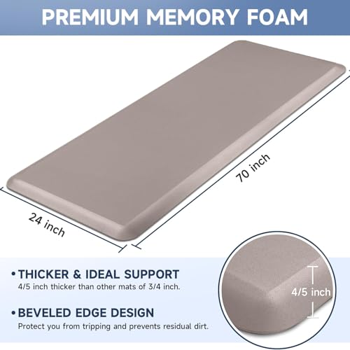 Image of 4 /5 Inch Thick Kitchen Mats for Floor, StepRite Kitchen Rug for Standing Desk, Non-Slip, Thicker, Stain & Water Resistant, Comfort Anti Fatigue Floor Mat for Home, Kitchen, Office - Khaki,70 * 24''