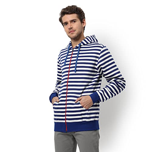 Image of CAHOOT Men's Dark Blue Zip-Front Hoodie with Contrast Drawstring for Casual Wear | Long Sleeve | Hooded Neck | Zipper Closure | Cotton Sweatshirt Crafted with Comfort Fit for Everyday Wear