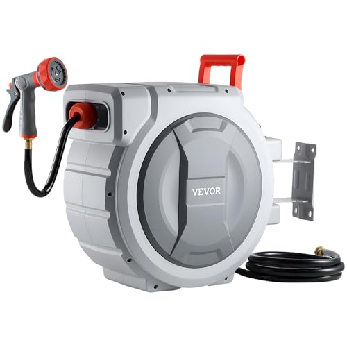 Image of VEVOR Retractable Garden Hose Reel, 1 /2 in x 130 ft, Wall Mounted Hose Reel with 9-Function Sprayer Nozzle and 180 Swivel Bracket, Any Length Lock, Automatic Slow Rewind System, for Garden Watering