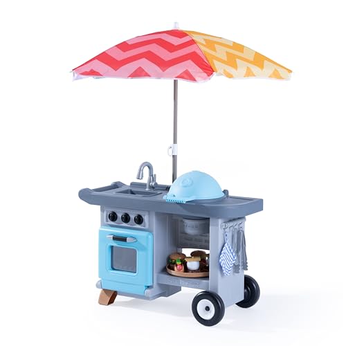 Step2 Grill & Go BBQ Cart with Lights and Sounds for Kids Play Toy for Toddlers Ages 3+ Years Old Durable Easy Assembly Blue/Gray