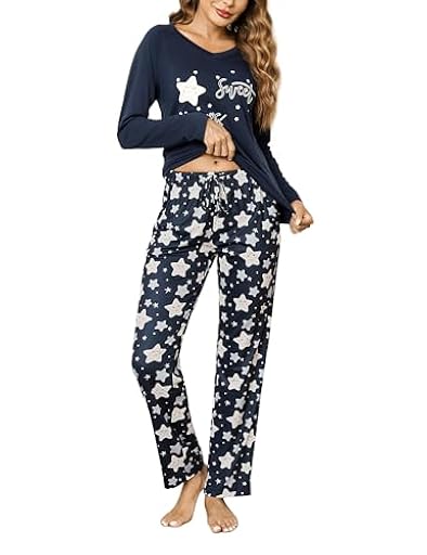 Litherday Pijama Mujer Invierno Algodón 2 Piezas Pijama Largo Mujer Manga Larga con Cuello en V y Bolsillos Ropa de Dormir con Estampado de Estrella,Azul Oscuro + Estrellas,S | Ya disponible en tu tienda friki favorita! En mundofriki.es!