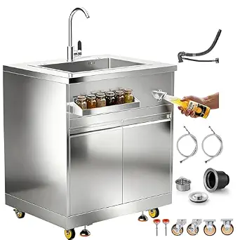 BODEGA Stainless Steel Single Bowl Kitchen Sink Cabinet with Faucet, Hose Hookup, Storage, and Wheels