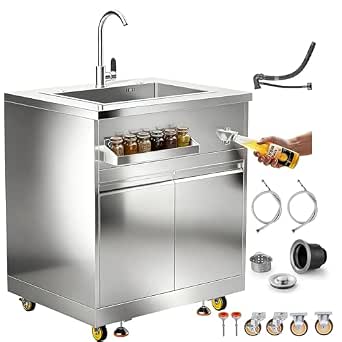 BODEGA Stainless Steel Single bowl kitchen sink Cabinet With hose hookup and Faucet, Outdoor Kitchen Sink with Storage, Brake Wheels & Spice Rack, All-Weather Sink, Use For RV, Yard,Garage,Restaurant
