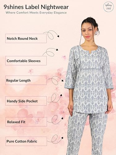 Image of 9shines Label Pure Cotton Printed Women Top & Pyjama Set | Pyjama co-ord Set | Night Suit | Lounge wear for Home | Nightwear Set for Women | Night Dress for Women Stylish (COPJ-5)
