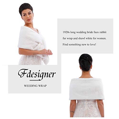 Women's Long 1920 Faux Fur Shawl Bridal Wedding Fur Wraps and Shawls Faux Mink Shawl (White, Faux Fur Rabbit)3