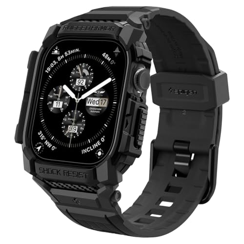 Image of Spigen Rugged Armor Pro for Apple Watch Series 11 46mm Case with Strap Band, Series 10 46mm Protective TPU Cover with Strap - Matte Black