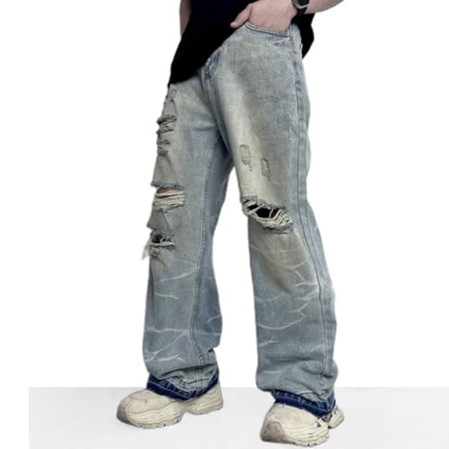 Men's Baggy Streetwear Trousers Asymmetric Ripped Wide Leg Hip Hop Denim Pants2