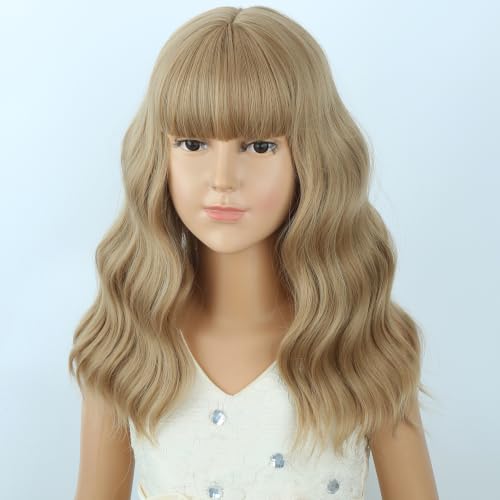 Image of Ash Blonde Wig Short Blonde Wavy Curly Wigs Wig with Air Bangs Synthetic Cosplay Hair Wigs