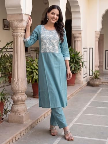 Image of INDO ERA Women's Silk Blend Geometric Embroidered Thread Work Kurta & Pant Set | Co Ord Set For Women Stylish