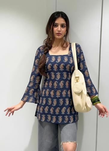 Image of ANNI Designer Women's Viscose Blend Printed Short Kurti | Straight Fit Casual Ethnic Top | Square Neck Full Sleeve Kurta Office College