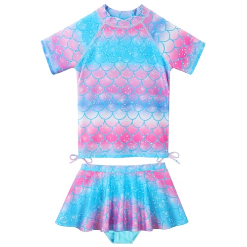 Image of BAOHULU Girls Two Piece Swimsuits Rash Guard Ruffle Bikini Skirt Short Sleeves Beach Dress Swimwear UPF 50+ 3-12Y