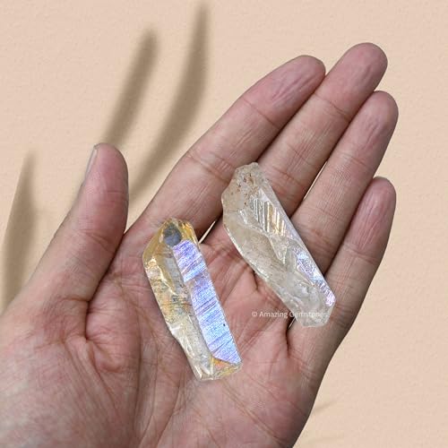 Image of Amazing Gemstone 2 Pieces Angel Aura Quartz Raw Pencil Points Crystals and Healing Stones, Natural Rocks for Meditation and DIY Raw Point Stones and Crystals