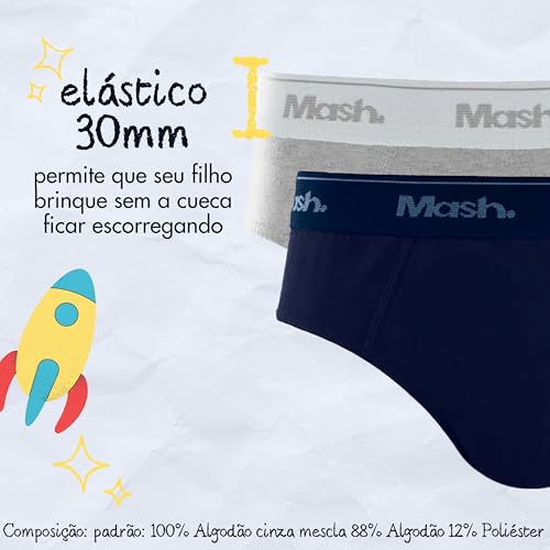 MASH Kit 6 Cuecas Slip Infantil Algodão Meninos Crianças, 1 Cinza - 1 Azul Diesel - 1 Azul Jeans - 1