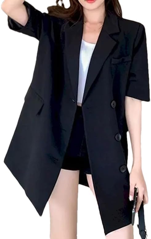 Women Oversized Mid-Length Short Sleeve Blazer Loose Thin Casual Design Suit Coat