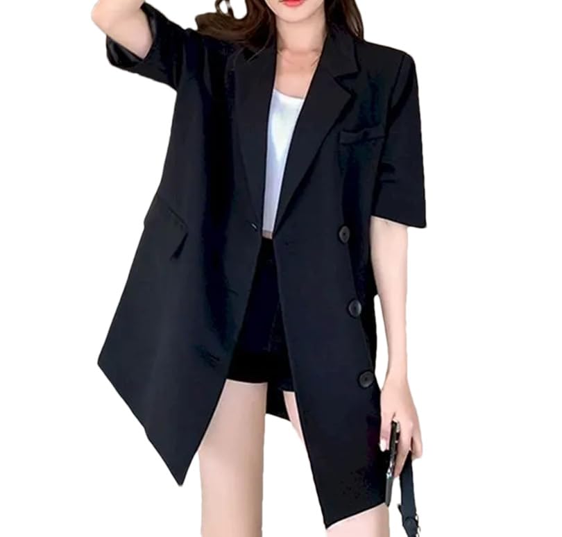 Women Oversized Mid-Length Short Sleeve Blazer Loose Thin Casual Design Suit Coat