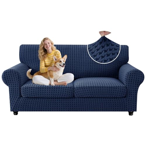 MAXIJIN 3 Pieces Stretch Couch Covers for 2 Cushion Couch Washable Sofa Cover with 2 Extra Large Seat Soft Loveseat Sofa Slipcovers with Non Slip Strap (Navy Blue), 71"-91"(2 XL Cushions)