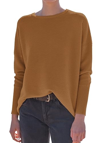 Anrabess Women Crewneck Long Batwing Sleeve Casual Loose Fit Ribbed Knit Fall 2024 Cozy Pullover Sweater Top Outfits Camel Medium cover