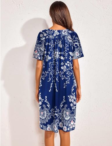 Image of Ekouaer Womens House Dress Floral Print Nightgown with Pockets Mumu Dress | V Neck Nightgowns for Women Pleated Short Sleeves Mumu Dresses Knee Length Moo Moo for Sleep, Daily Wear, Vacation, Party
