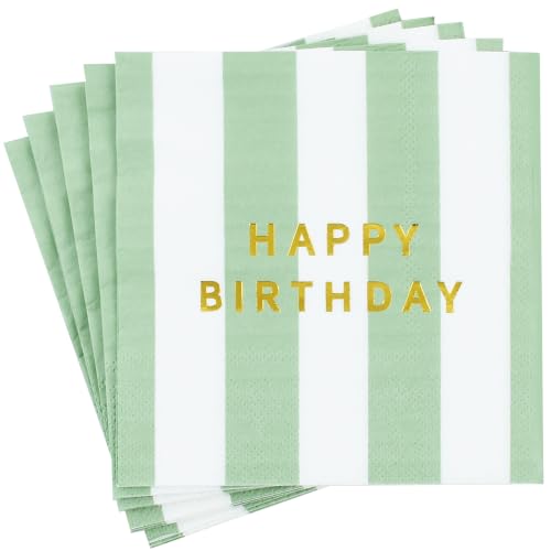 Vuzvuv 52 Pcs Happy Birthday Party Cocktail Napkins-Sage Green Strip