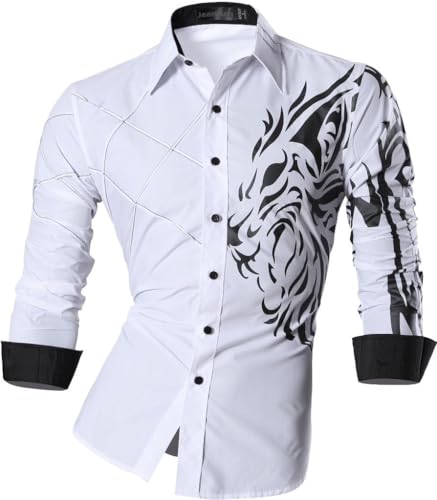 jeansian Herren Freizeit Hemden Shirt Tops Mode Langarmlig Men's Casual Dress Slim Fit Z030 White XXL