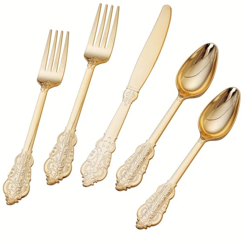 Lot de 75 couverts dorés gaufrés d'inspiration vintage – couverts en plastique réutilisables très résistants pour 25 invités – parfait pour mariages,...