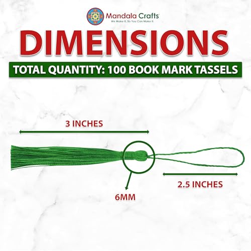 Image of Mandala Crafts Small Forest Green Bookmark Tassels - 100 Bulk Silky Mini Craft Tassels with Loops for Bookmarks, Jewelry Making, Graduation Decorations, and Keychains