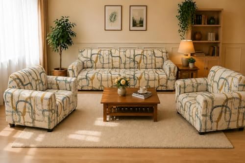 Image of Gifts Island Sofa Cover 3 Seater and 2 Seater Fully Covered Universal 5 Seater Sofa Cover Non-Slip Sticky Elastic Stretchable Sofa Set Slipcover Protector for (3+1+1 Seater) (Beige Art)
