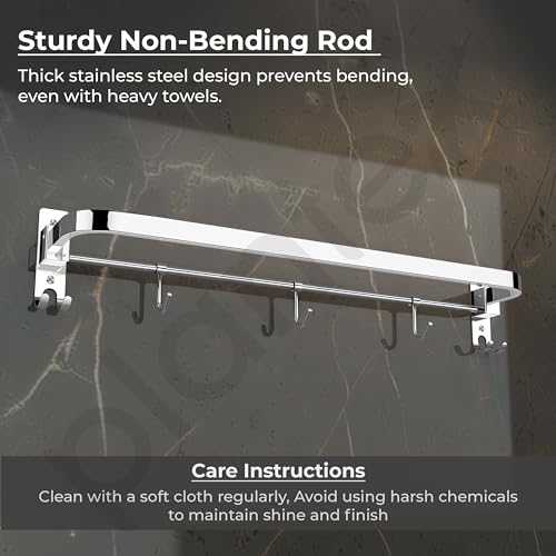 Image of Plantex Stainless Steel Folding 24 Inch Single Towel Rod /Towel Holder for Bathroom with Hooks /Towel Hanger /Towel Stand /Bathroom Accessories - (24 Inch-Chrome)