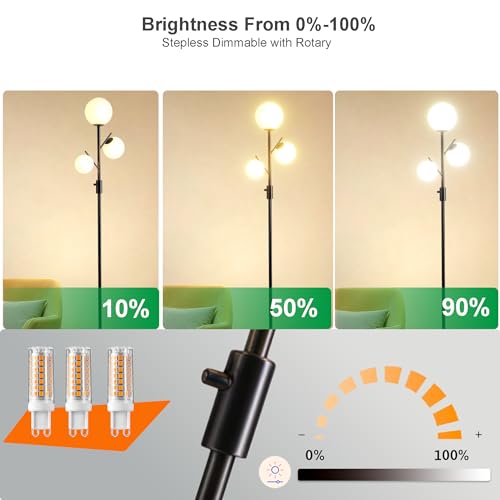 Image of Fiqevs Mid Century Modern 3 Globe Tree Floor Lamp - Dimmable LED Standing Lamp with Bulbs, Warm Light for Living Room Bedroom Office - Black