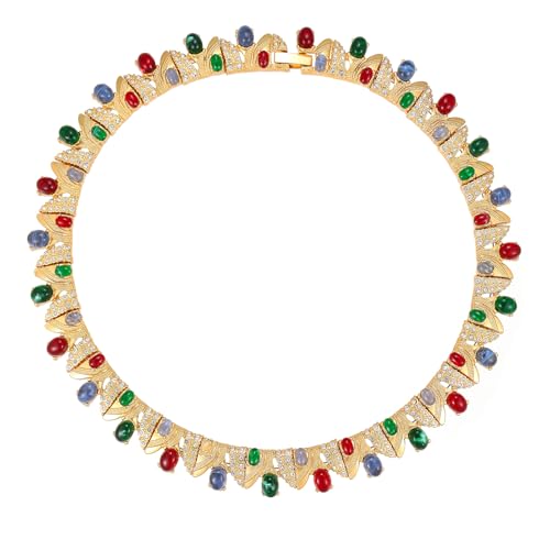 Luxurious Multi-color Gemstones Choker Necklace 18K Gold Plating Chunky statement necklace Palace Style Party Prom Necklace Choker Jewelry for Women