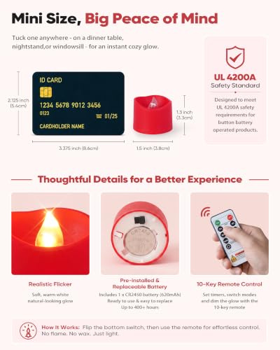 Image of Homemory 12-Pack Red Remote Flameless Battery Tea Light Candles, 400+ Hrs | 2 /4 /6 /8H Timer LED Flickering Tealight Votives for Christmas, Jack O Lanterns, Valentine's Day and Romantic Nights